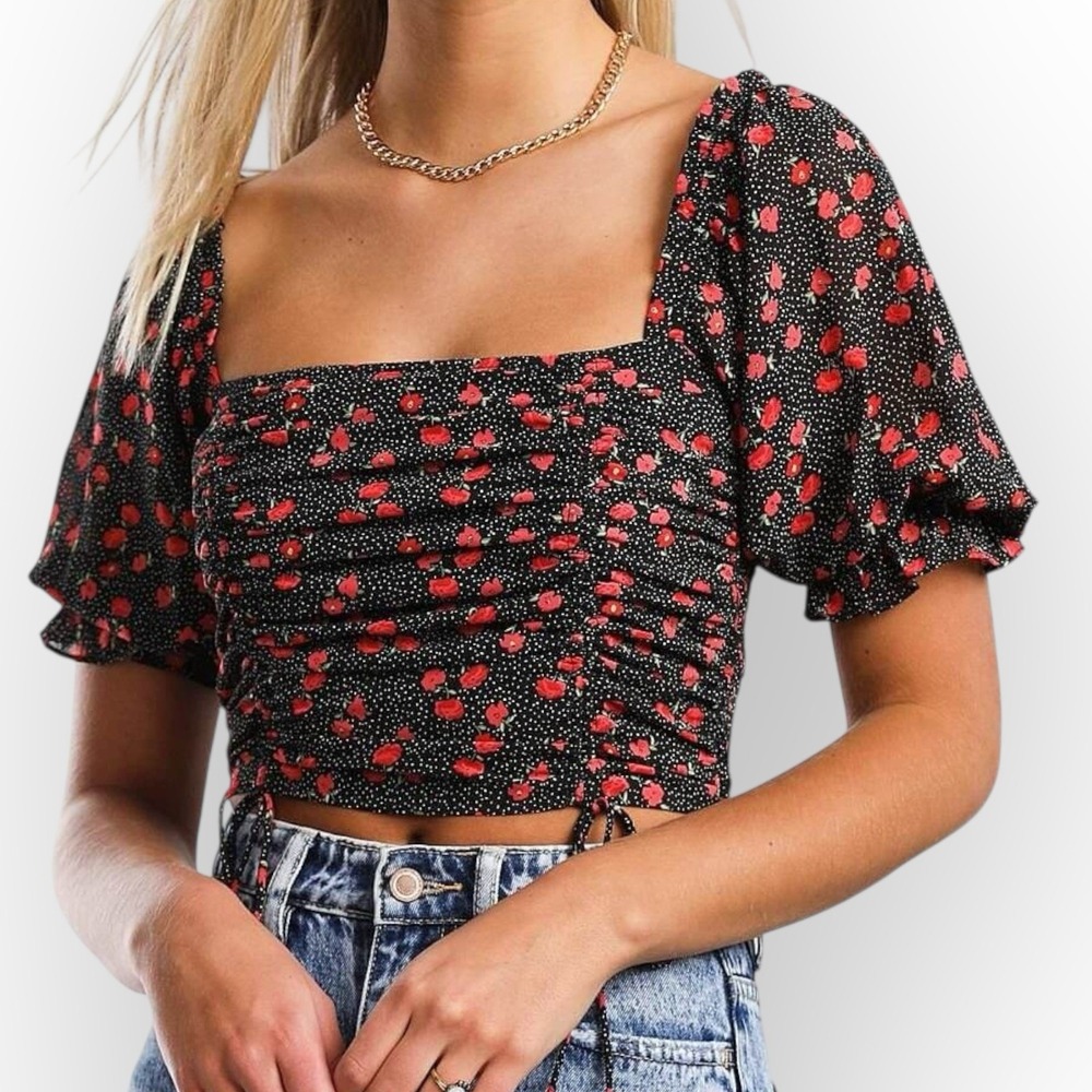 ACOA Ruched CropTop Womens Small Black Red Smocked Puff Sleeve Cosette Style